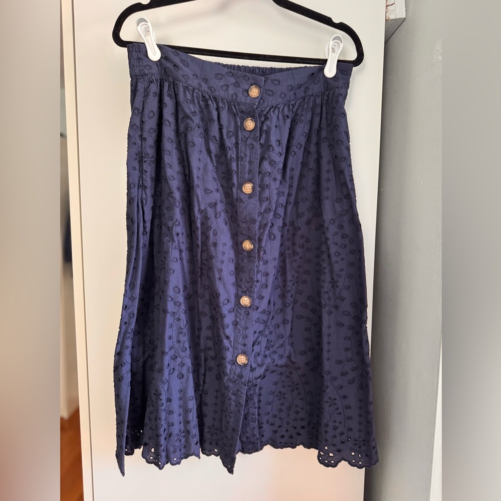 LOFT Navy Eyelet Midi Skirt
